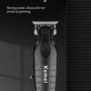 A black Kemi salon level electric scissors hair clipper trimmer displayed on a white marble stand.