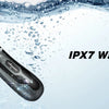 A black electric body hair trimmer with a ceramic blade is shown submerged in clear water droplets.