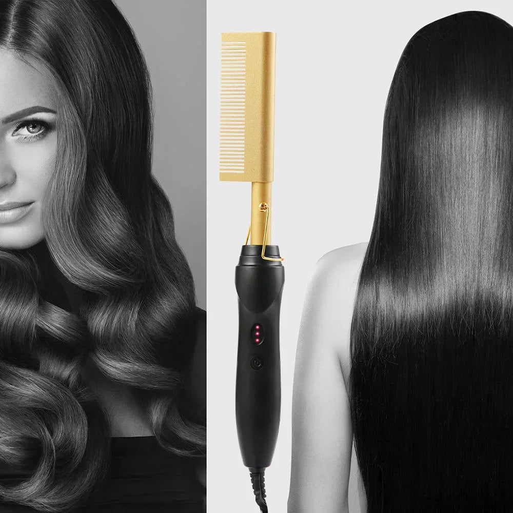 A professional ceramic hair straightener brush is shown next to a woman's long, dark hair.