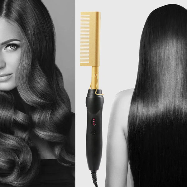 Un cepillo de plancha de cerámica profesional junto al cabello largo y oscuro de una mujer.