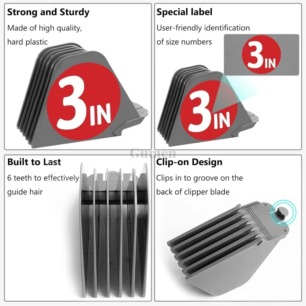 A set of professional hair clipper guide combs shown in various views, including strong and sturdy plastic, special labeled s