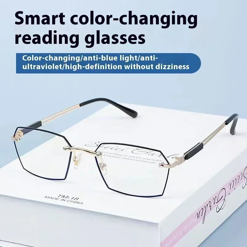 A pair of smart color-changing reading glasses displayed on a white box.