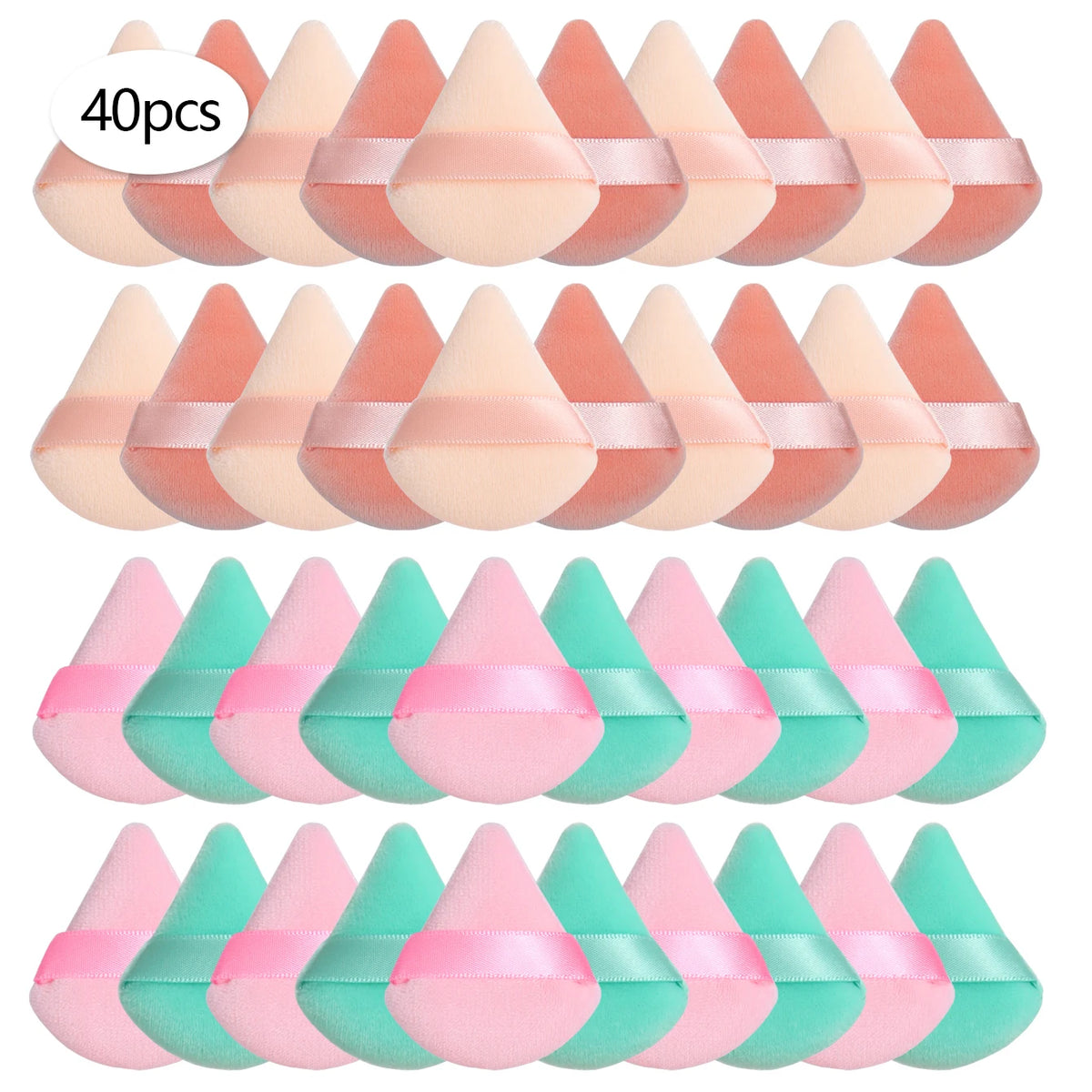 Un jeu de 40 éponges en forme de triangle de différentes nuances de rose et de vert menthe.