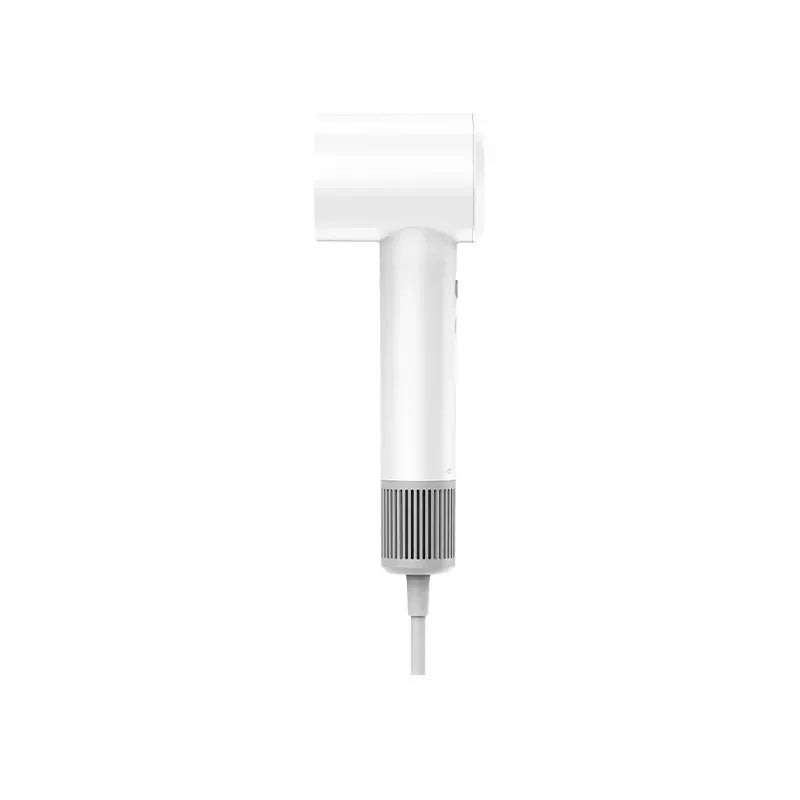 A white professional high-speed hair dryer with a cylindrical head and a cord.