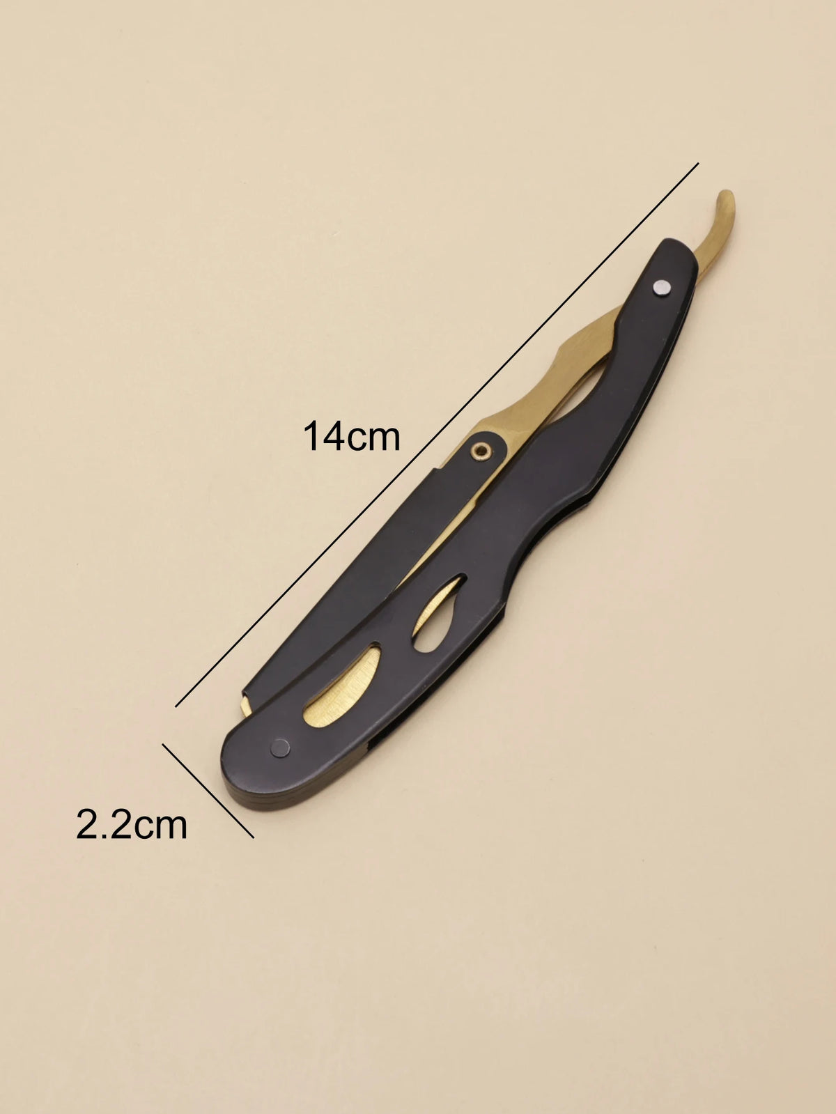 A black and gold professional stainless steel shaver and beard razor kit shown diagonally with dimension lines.