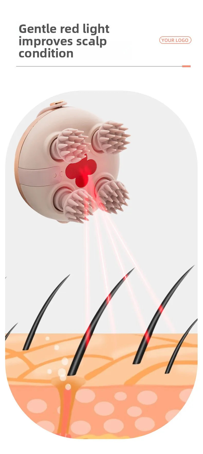 A pink electric handheld scalp massager emitting gentle red light onto skin tissue.