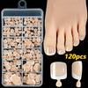 Un recipiente de plástico transparente contiene 120 prensas francesas beige y blancas para arte en uñas.