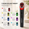 A black multi-color microcurrent face massager with seven colored LED light therapy modes displayed next to the device.