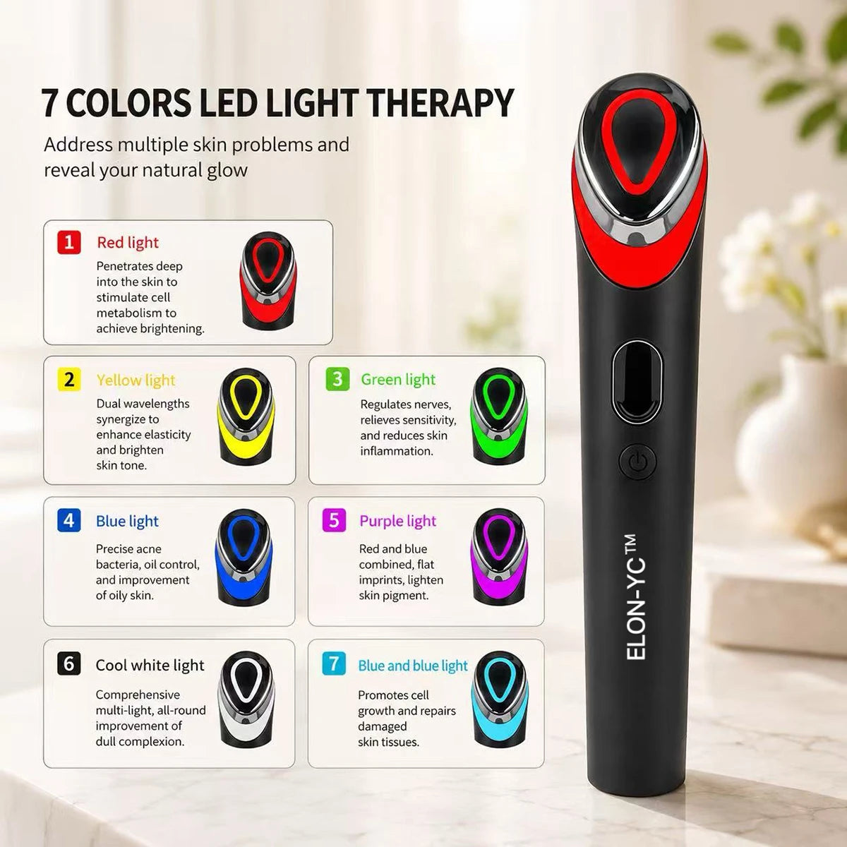 A black multi-color microcurrent face massager with seven colored LED light therapy modes displayed next to the device.