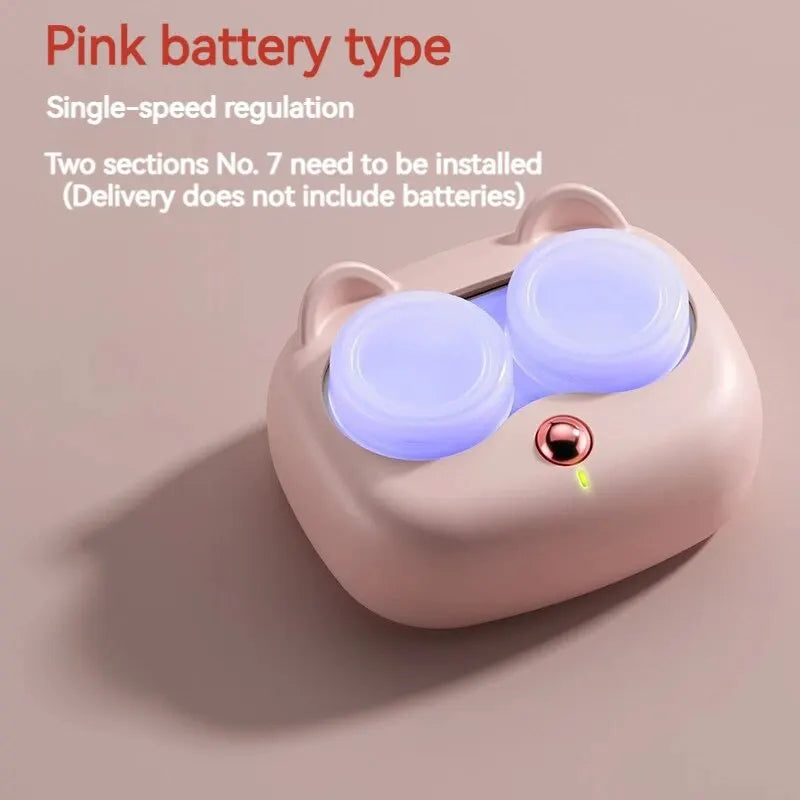 A pink silicone cleaning case for contact lenses with two sections and a single-speed regulation feature.