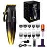 A black professional electric hair trimmer kit with various guards and accessories displayed on a white background.