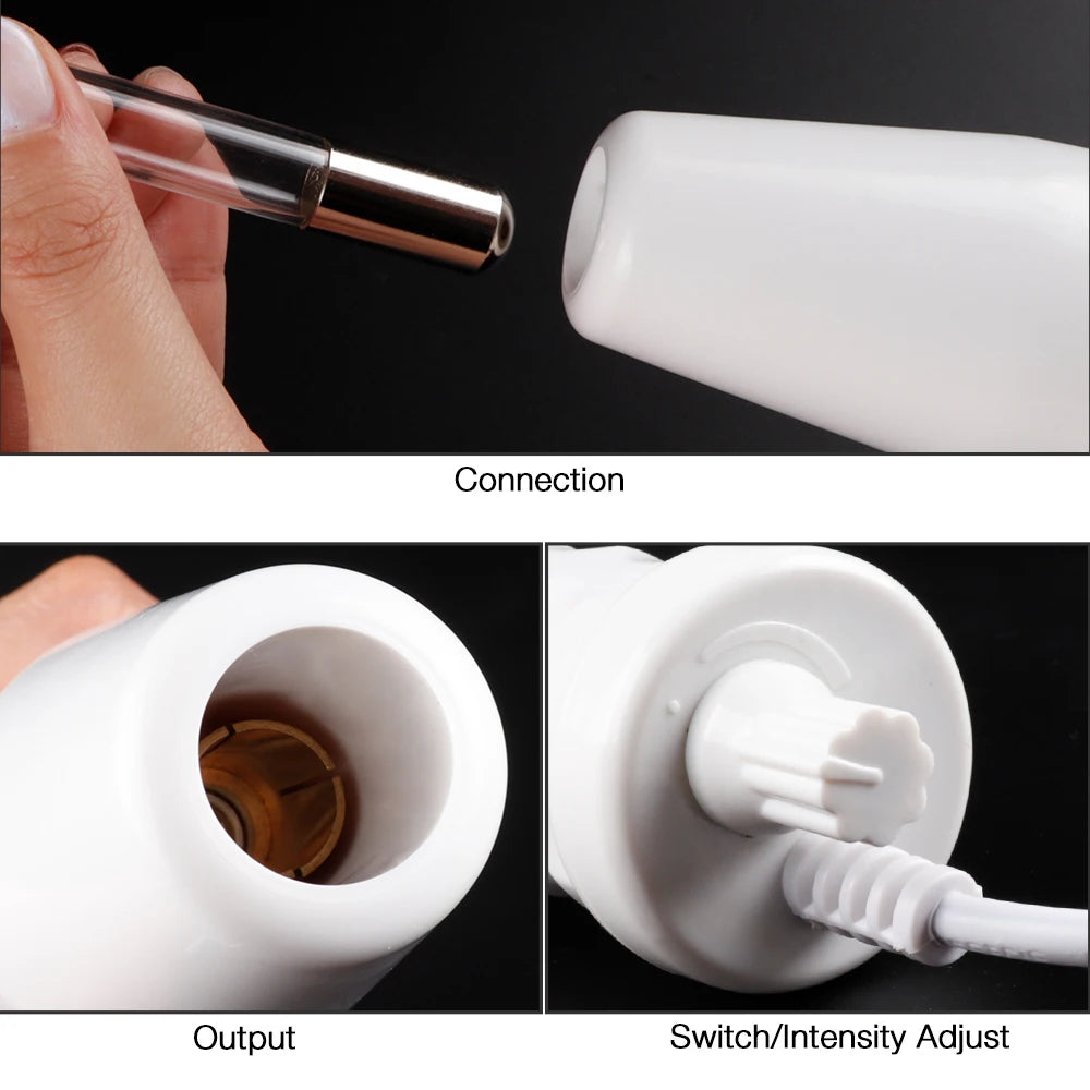 Close-up views of a white facial beauty tool showing connection, output, and switch/intensity adjustment features.