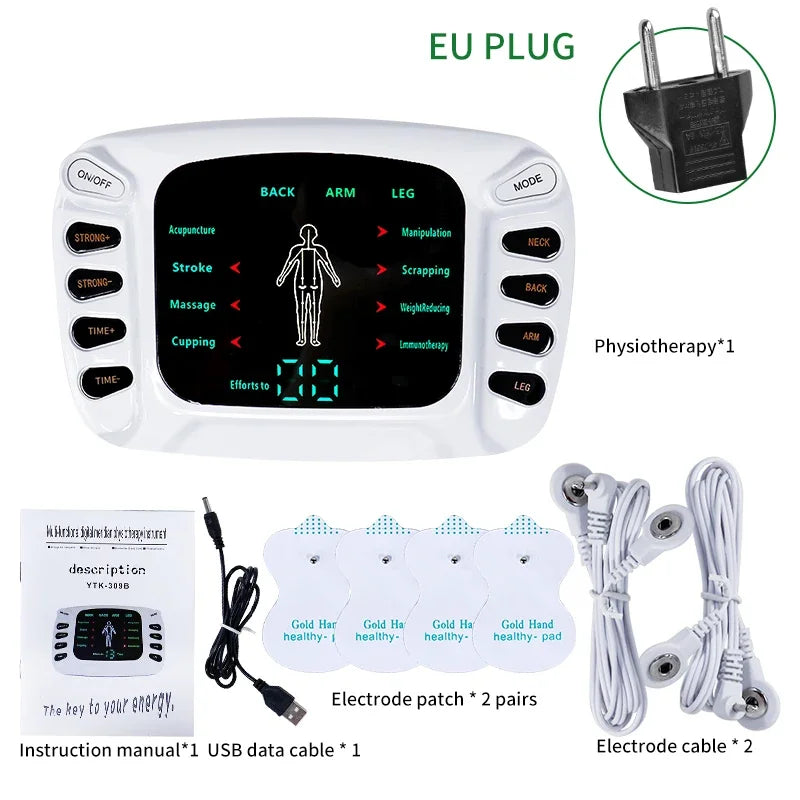 White multi-mode TENS muscle stimulator device with electrode patches and cables for physiotherapy