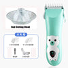 Türkise Keramik-Babyhaarschneider mit Bären-Design, zeigt verschiedene Aufsätze und Zubehör.