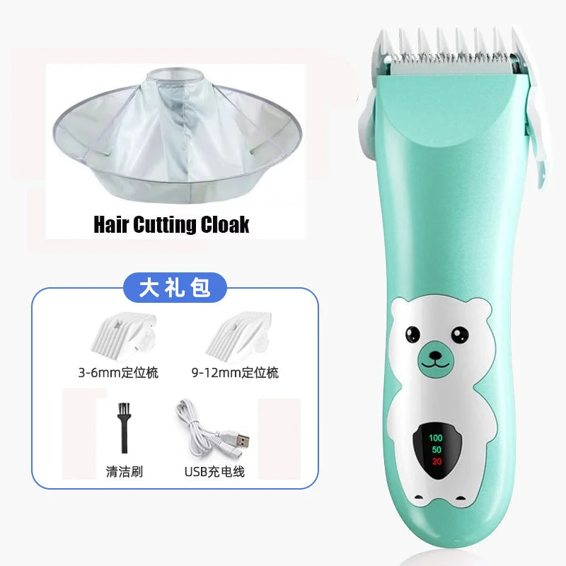 Türkise Keramik-Babyhaarschneider mit Bären-Design, zeigt verschiedene Aufsätze und Zubehör.