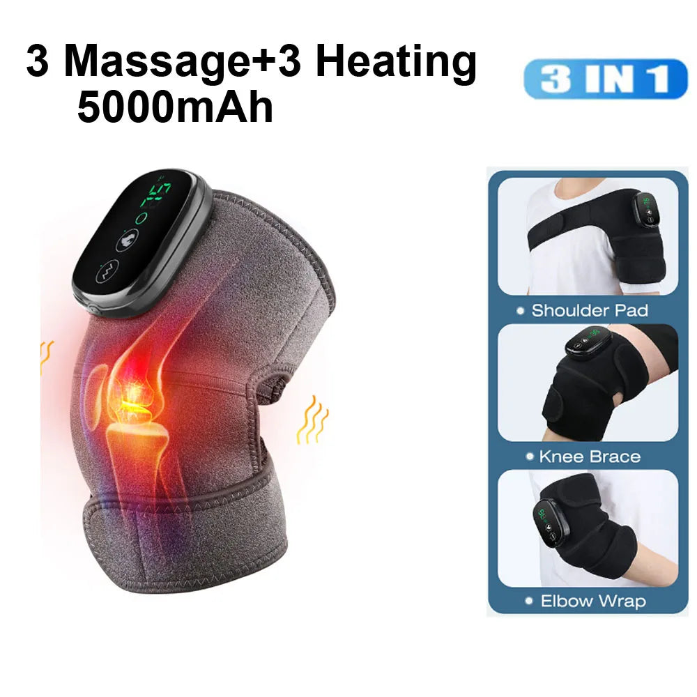 A black massage and heating pad device shown with three different applications: shoulder pad, knee brace, and elbow wrap.