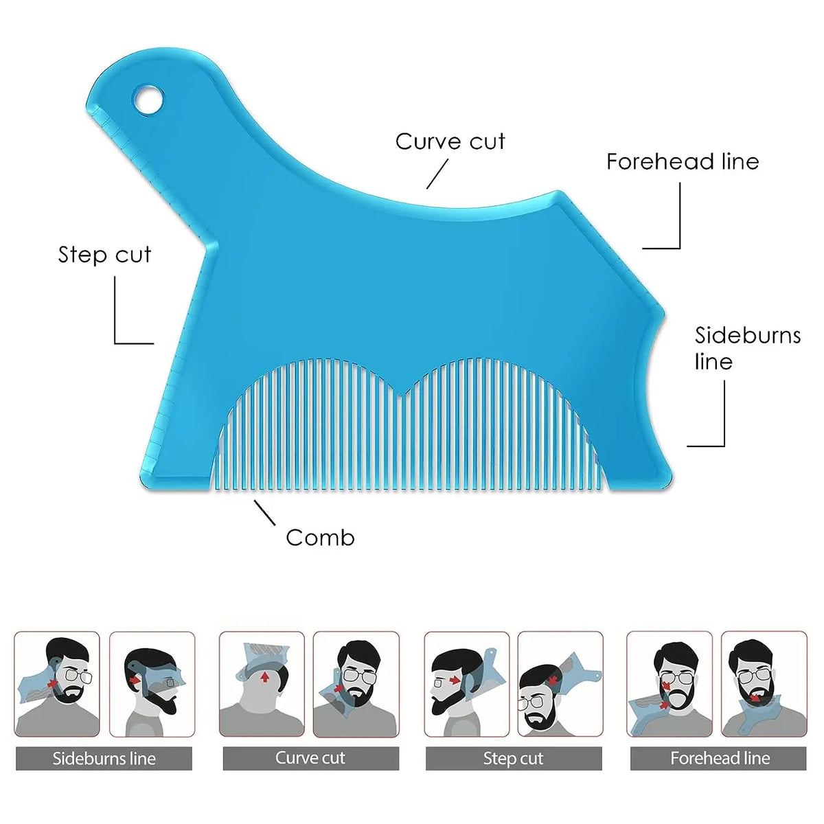 Peigne pour barbe bleu avec différentes lignes de coupe marquées, y compris une coupe courbe, une coupe en escalier et une li