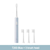 T200 Blue sonic electric toothbrush with three brush heads shown vertically