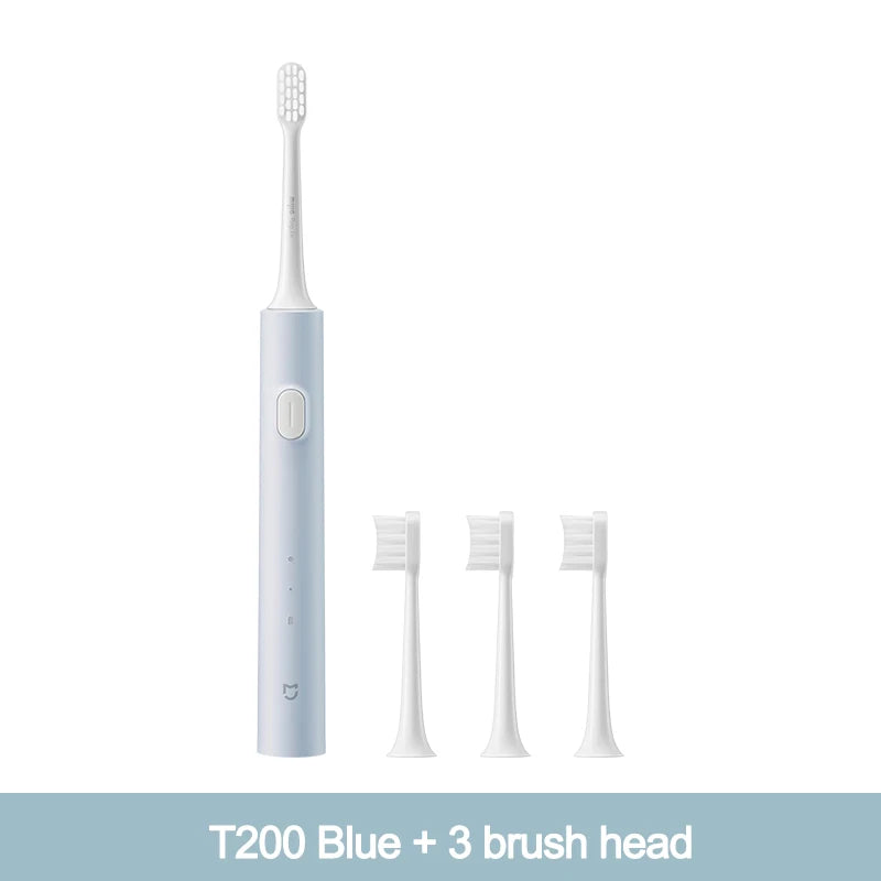 T200 Blue sonic electric toothbrush with three brush heads shown vertically