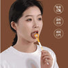 A woman is using a silicone tongue scraper for oral hygiene, with text indicating benefits like removing odor and refreshing 