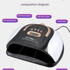 A black and white composite diagram nail lamp with various timer buttons and an LCD display.