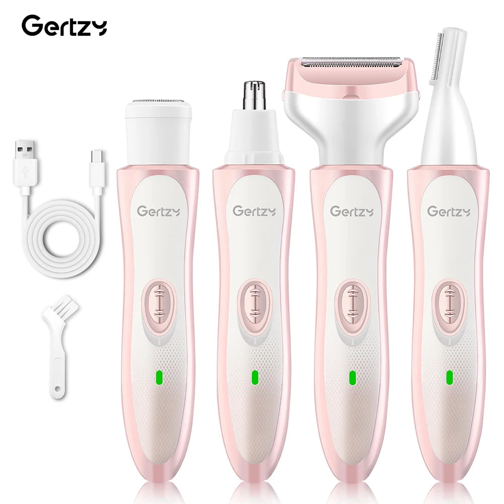 A set of four Gertzy electric shavers in pink and white, including a body shaver and a beard trimmer.