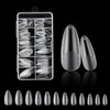 A collection of frosted French false nails in various natural finishes displayed alongside a storage case.