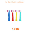 Four replacement brush heads for Oral-B electric toothbrushes in blue, red, yellow, and cyan.