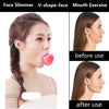 Before and after images showing the use of a V-shape face mouth exercise tool for facial sculpting.