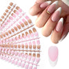 A hand displays luxury nude pink ballet length false fingernails and a single nail model.