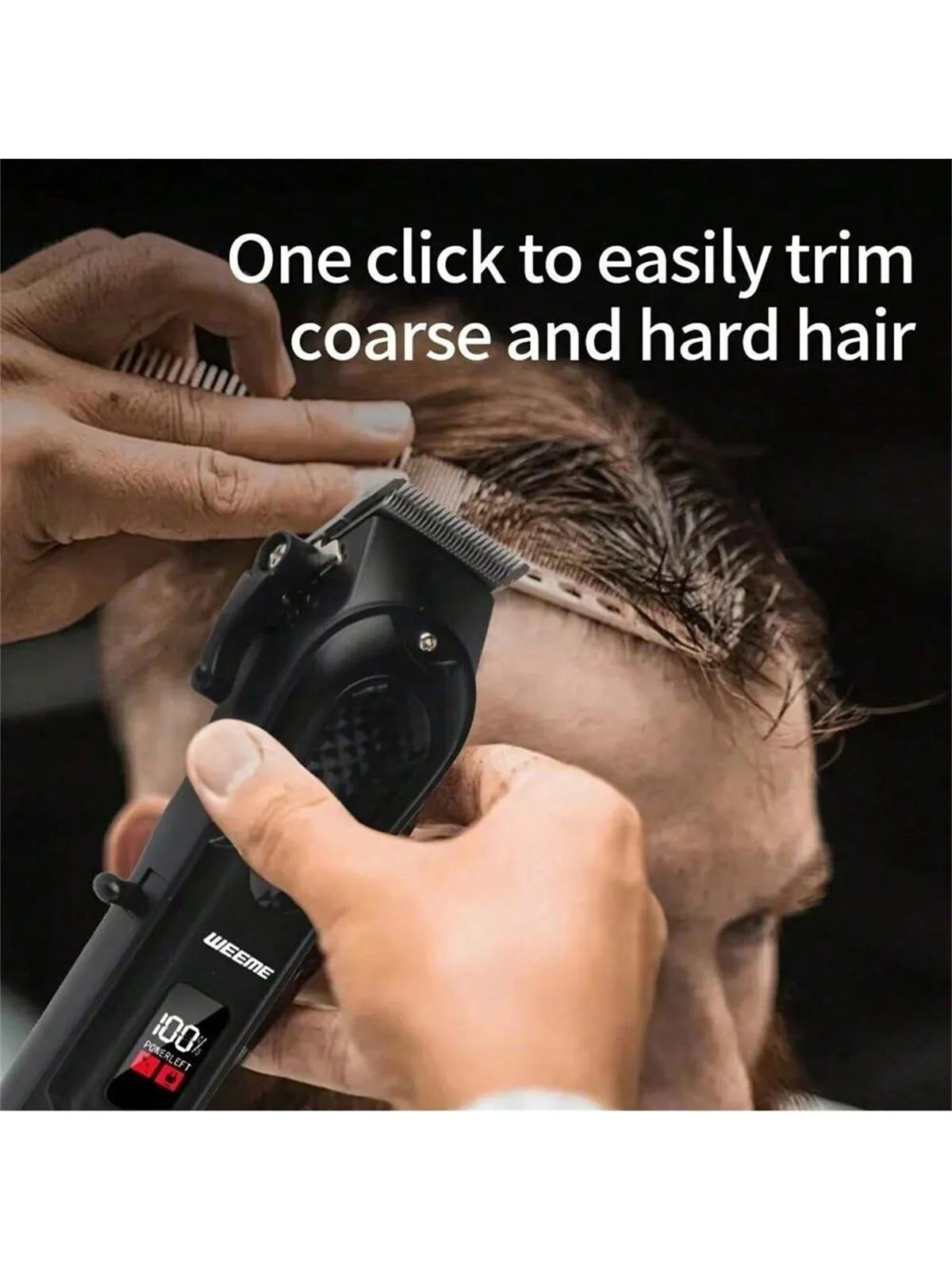 Eine Hand verwendet einen schwarzen kabellosen Trimmer, um grobes und hartes Haar auf einem Kopf zu trimmen.