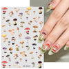 Close-up of a hand displaying long nails decorated with watercolor mushroom nail art stickers.