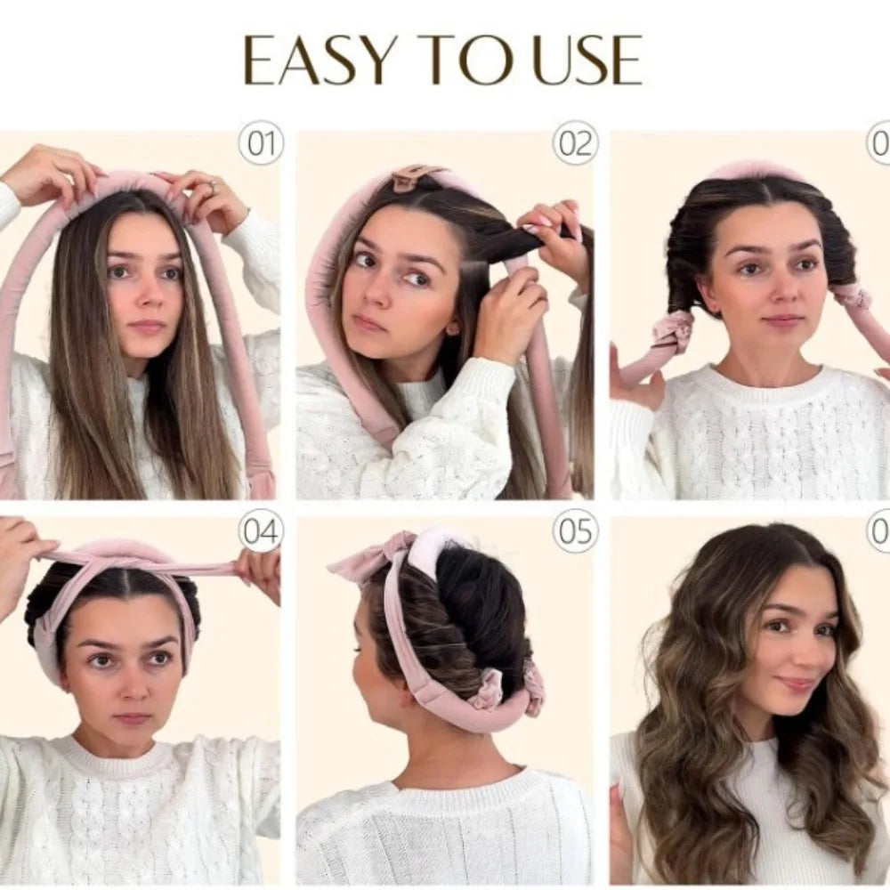 Five steps demonstrating how to use velvet heatless hair curlers for natural waves