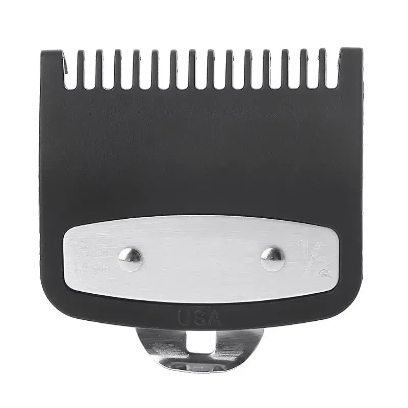 A black precision hair clipper guide comb set with a metal guide plate and USA marking.