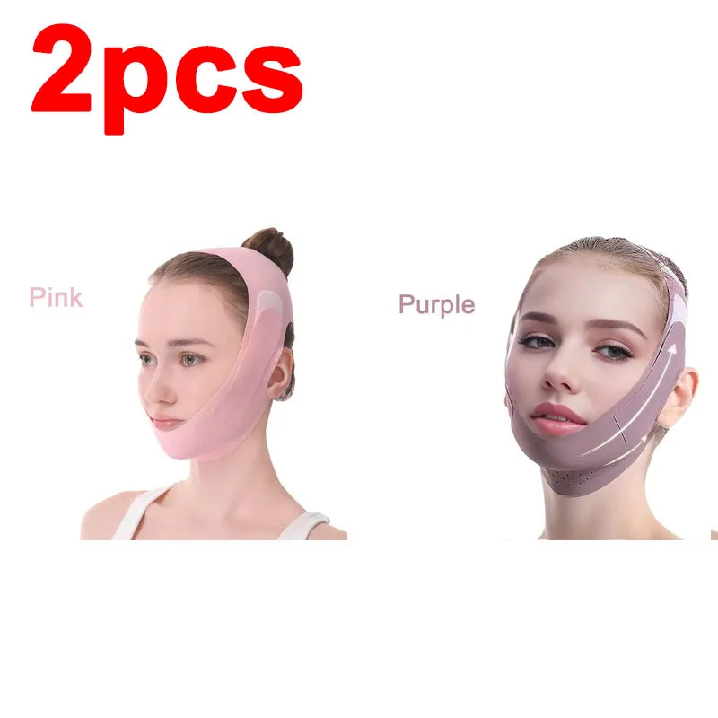 Zwei rosa und lila V-Line Gesichts-Lift-Binden auf Models.