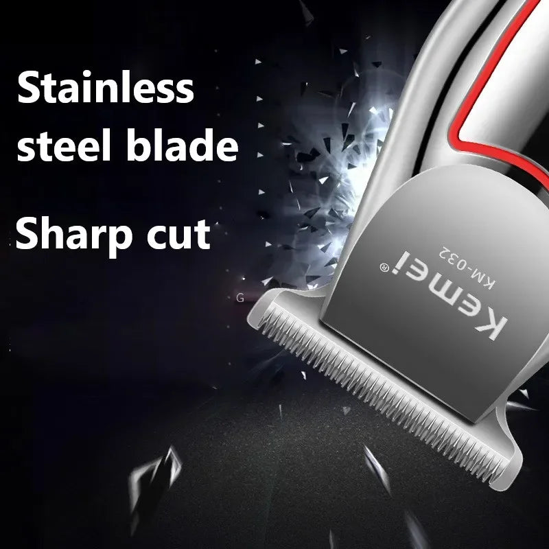 Close-up of a silver Kemei electric hair trimmer with a stainless steel blade demonstrating a sharp cut.