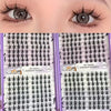 A close-up of two eyes showing detailed black and white eyelash clusters for DIY makeup application.