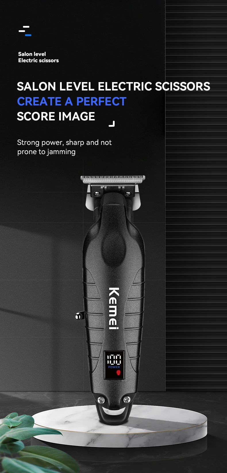A black Salon level electric scissor is displayed on a white marble stand.
