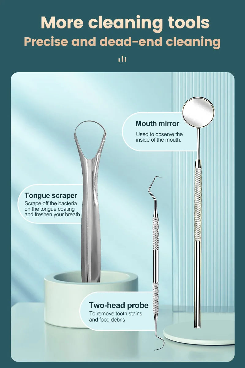 A collection of precision cleaning tools including a mouth mirror, tongue scraper, and two-head probe for dental cleaning.