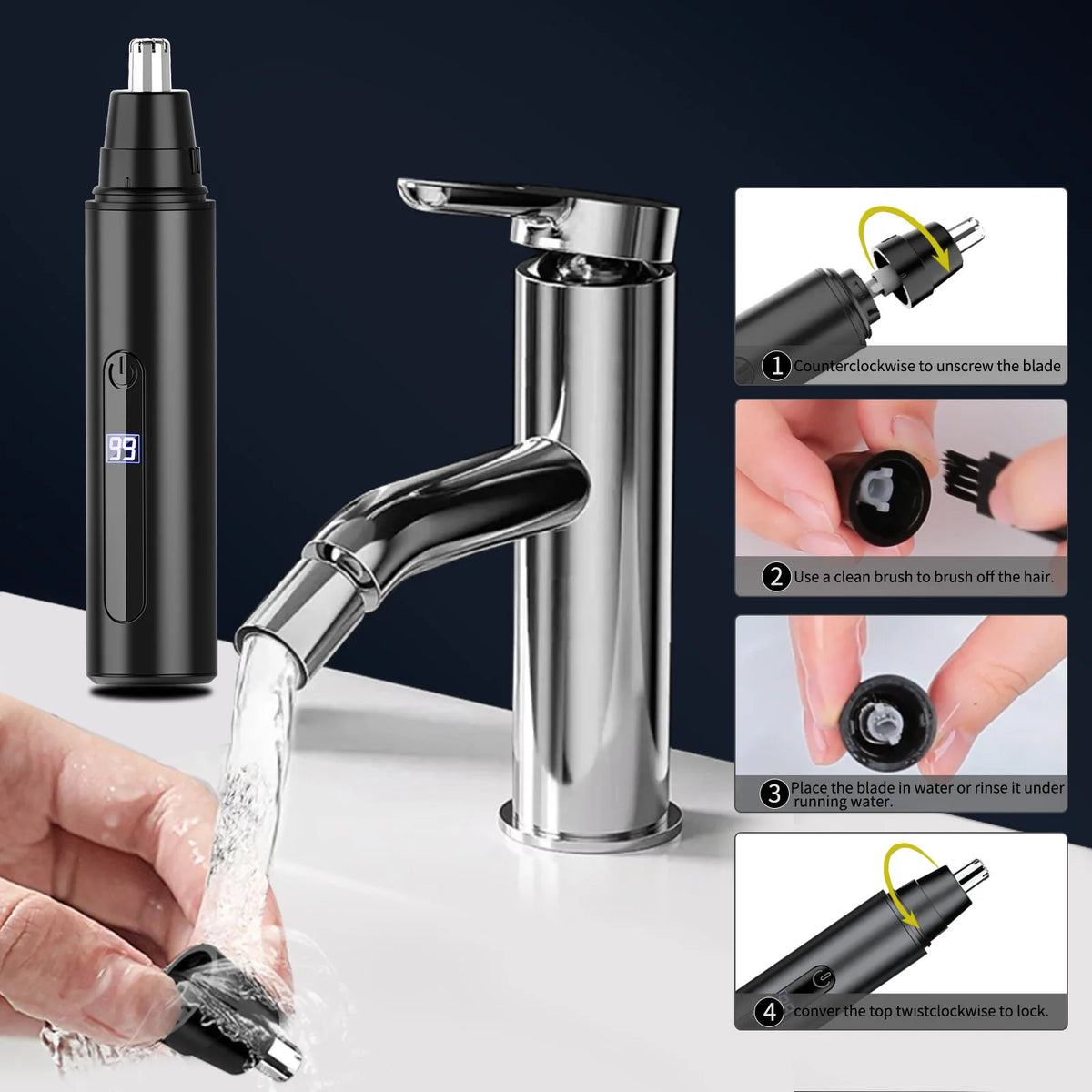 A set of USB rechargeable electric nose hair trimmers and accessories shown with usage instructions.