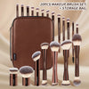A brown makeup brush set with a storage bag showing various brushes and a travel case.