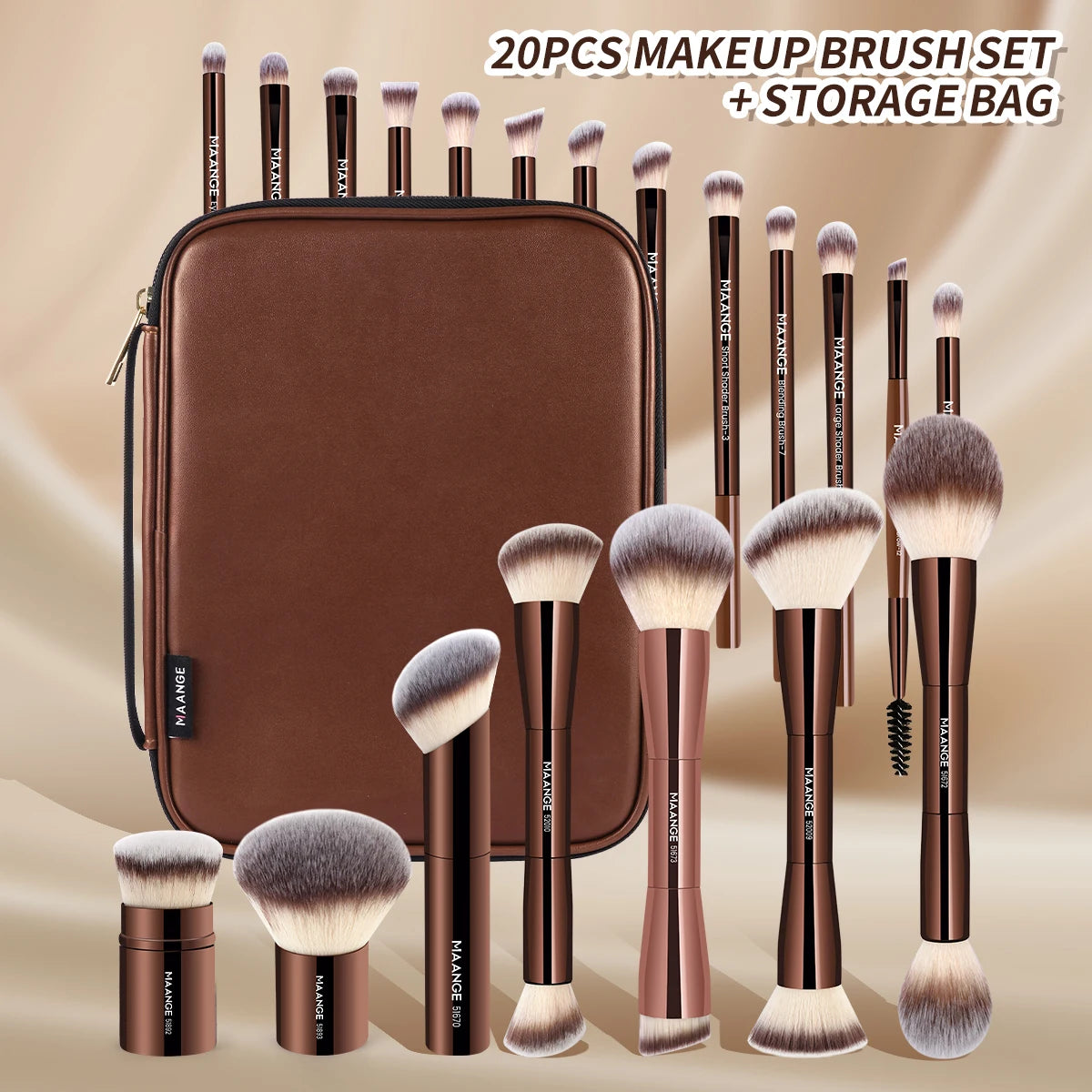 A brown makeup brush set with a storage bag showing various brushes and a travel case.