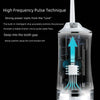 A close-up view of a clear oral irrigator device with a silicone tip, showing the internal mechanism for dental cleaning.