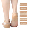 A pair of feet wearing silicone heel protectors designed to moisturize, reduce friction, prevent grinding, and absorb sweat.