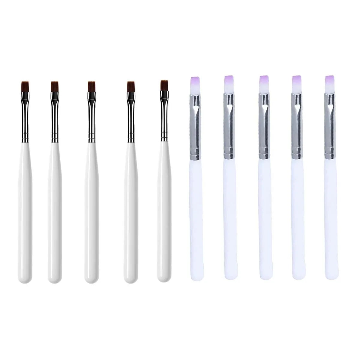 Un set de pinceaux pour ongles en gel professionnels de différentes teintes et tailles affichés côte à côte.