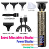 A set of professional cordless hair trimmer accessories including brushes, dust cover, and charging tips for precision stylin