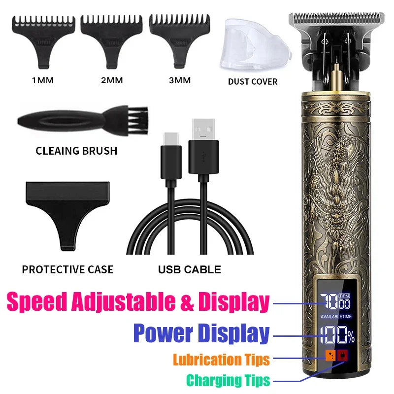 A set of professional cordless hair trimmer accessories including brushes, dust cover, and charging tips for precision stylin
