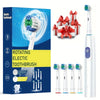 A box and several white electric toothbrushes with red ribbon packaging are shown.