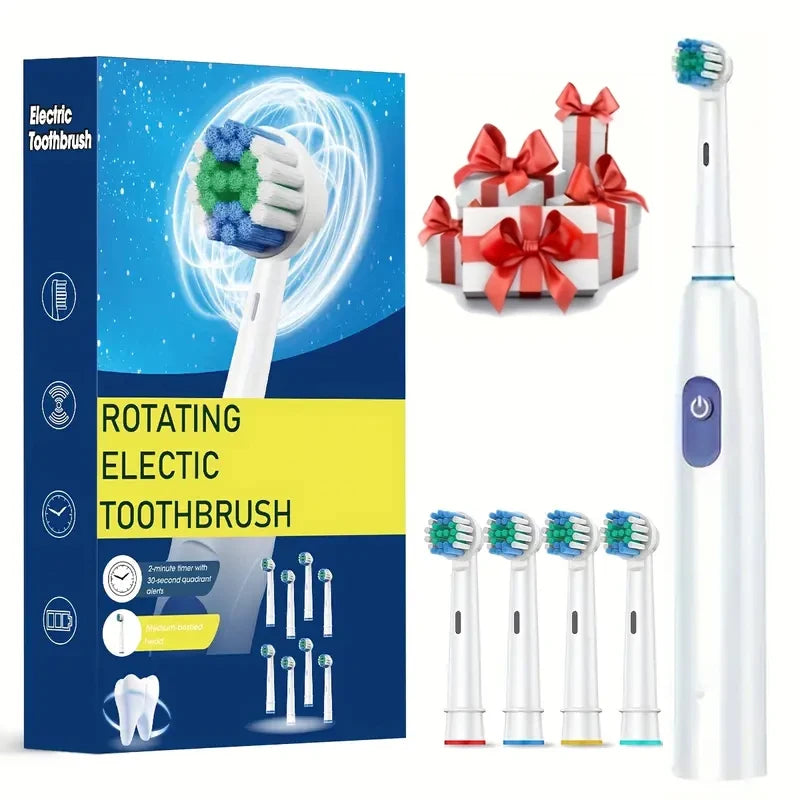 A box and several white electric toothbrushes with red ribbon packaging are shown.