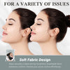 A woman is shown using a soft fabric chin strap for facial massage or shaping.
